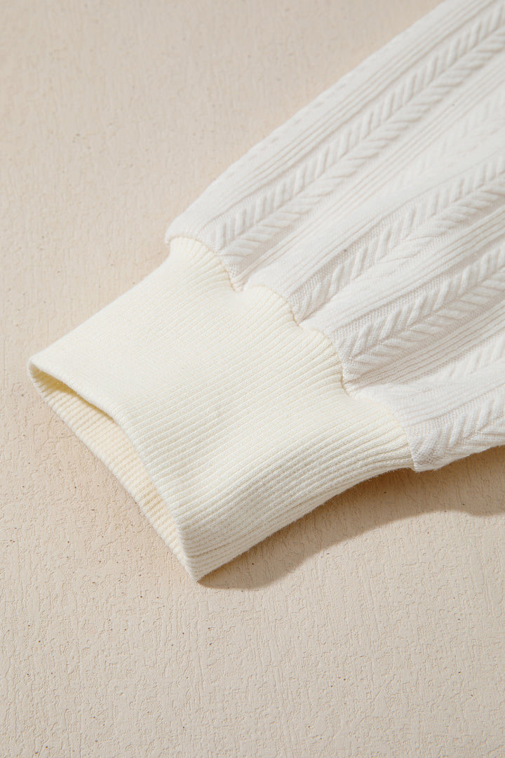 Beige Solid Color Textured Sleeve Patchwork Half Zip Hoodie