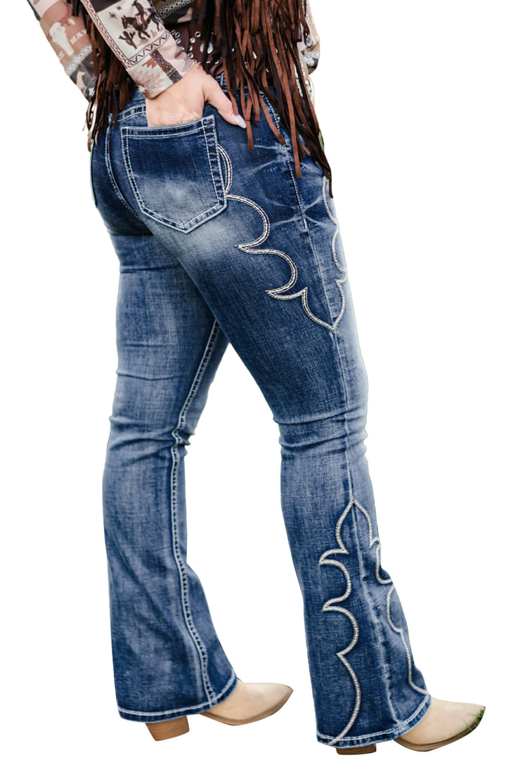 Blue Western Embroidered Flare Full Length Jeans
