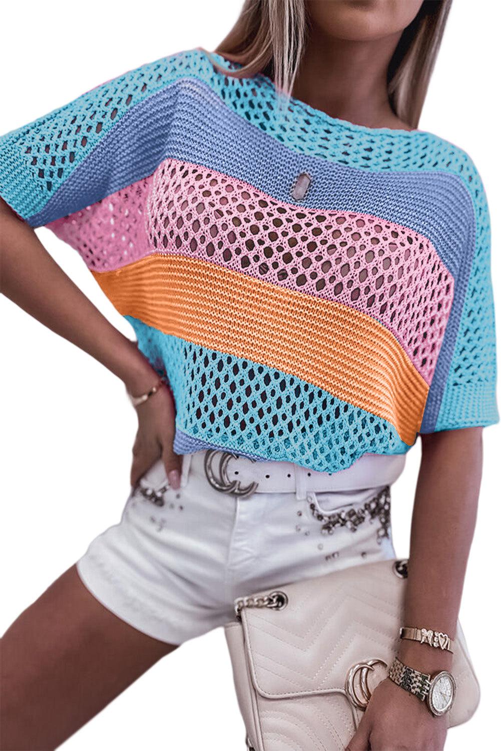 Sky Blue Knitted Eyelet Colorblock Striped Half Sleeves Top