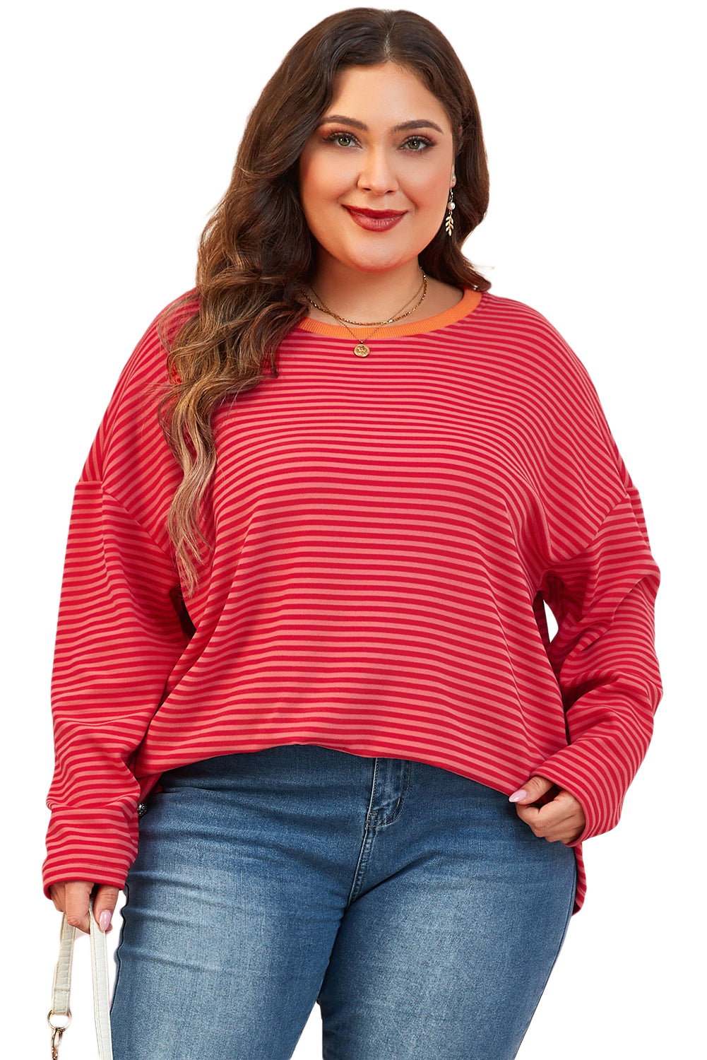 Orange Stripe Plus Size Drop Shoulder Long Sleeve Buttoned Decor Top