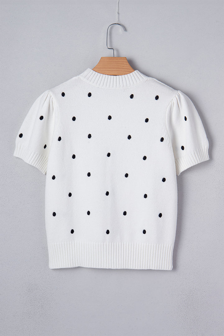 White Elegant Polka Dot Bubble Short Sleeve Sweater