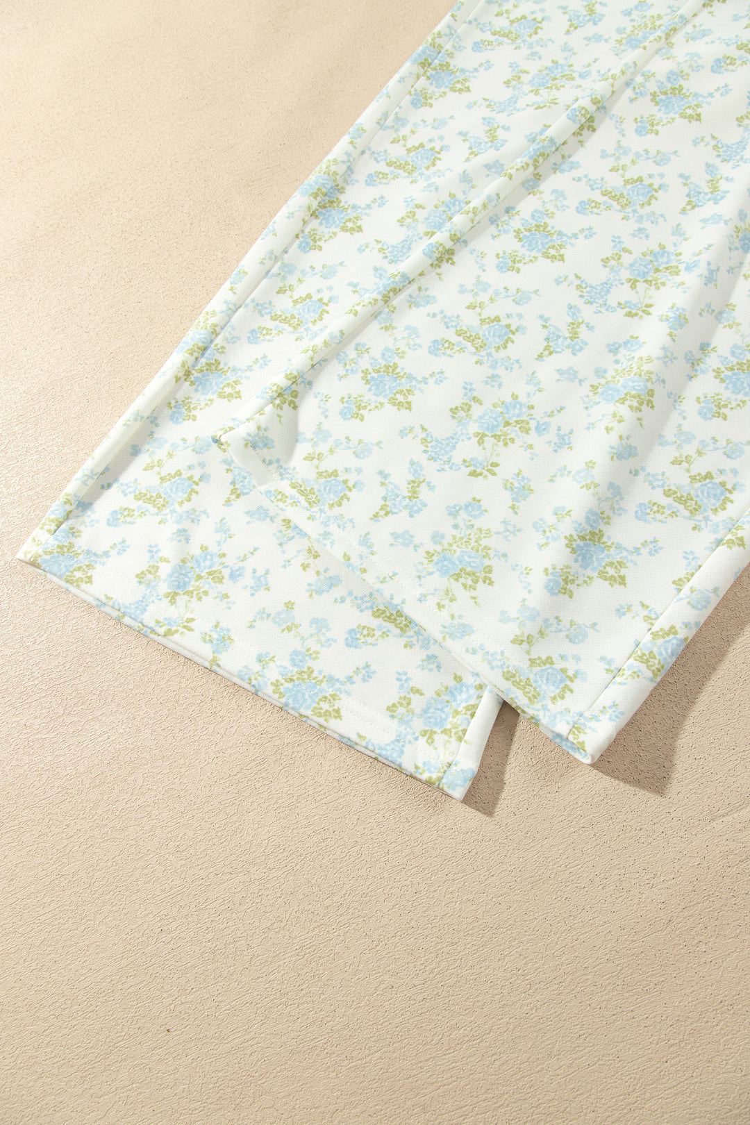 Sky Blue Floral Print Long Sleeve Top Drawstring Wide Leg Pants Set