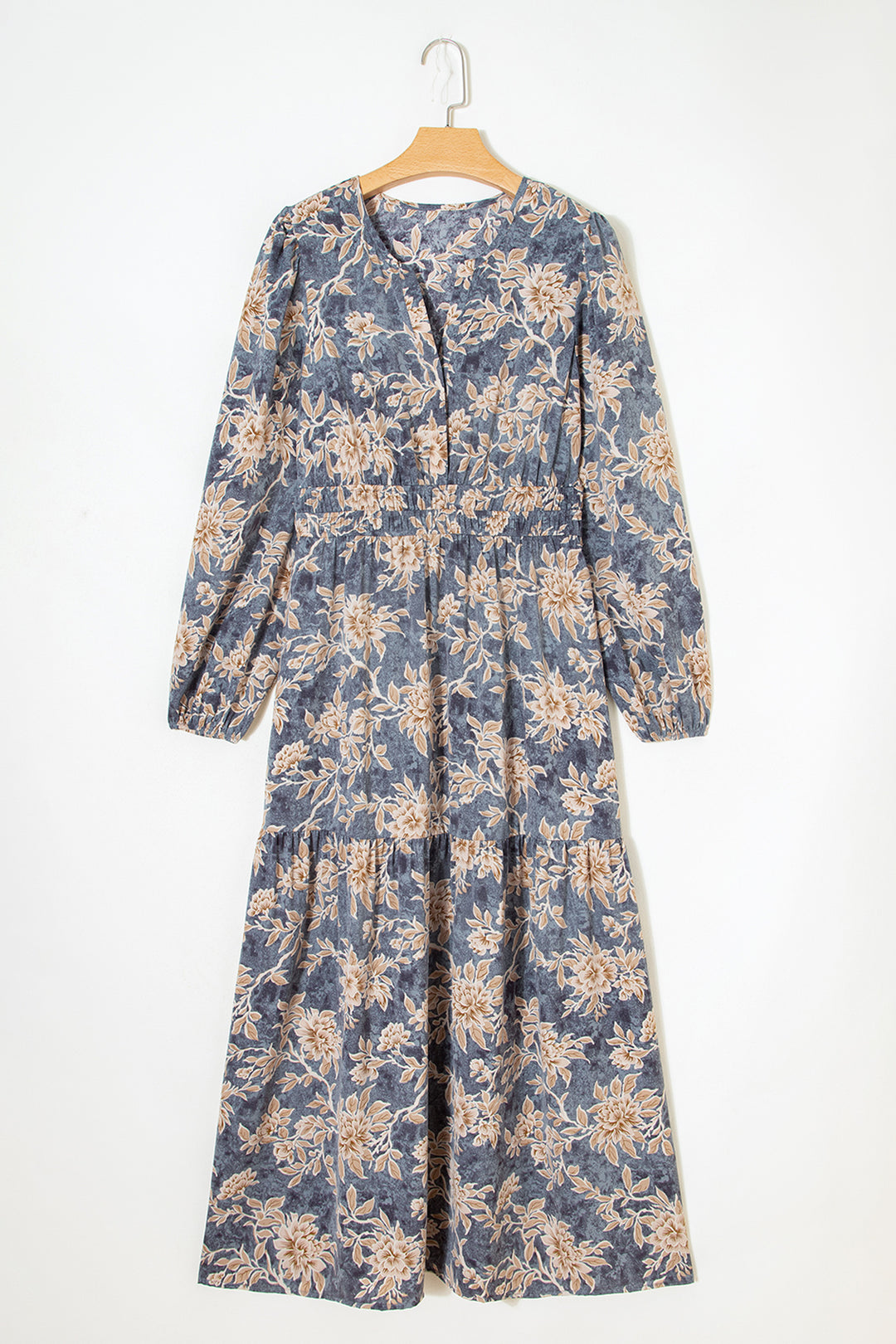 Sky Blue Floral Print Smocked High Waist Long Sleeve Maxi Dress
