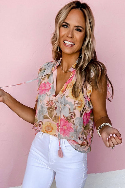 Pink Floral Print Tassel Tie Short Sleeve Blouse