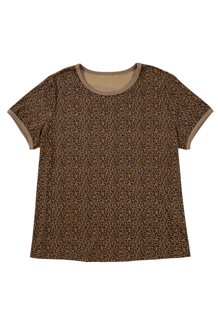 Khaki Plus Size Leopard Print Ribbed Trim Round Neck Tee