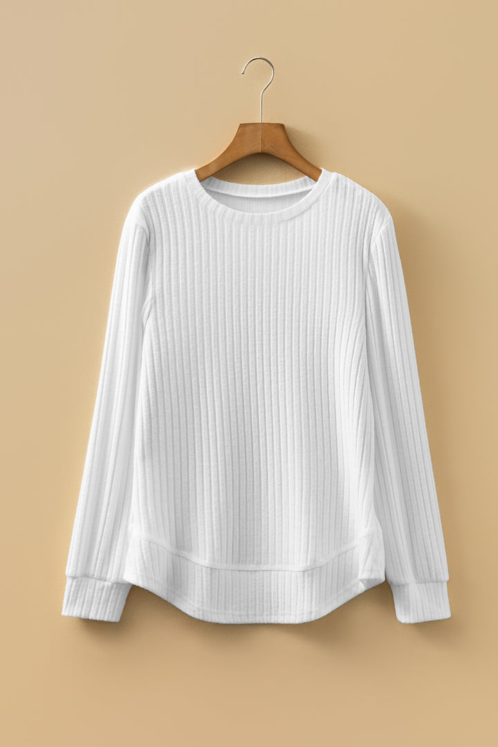 White Ribbed Texture Round Neck Long Sleeve Rounded Hem Knit Top