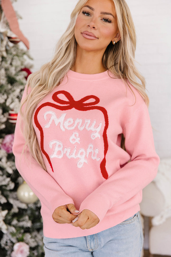 Gossamer Pink Drop Shoulder Round Neck Towel Embroidery Slogan Pullover Sweater