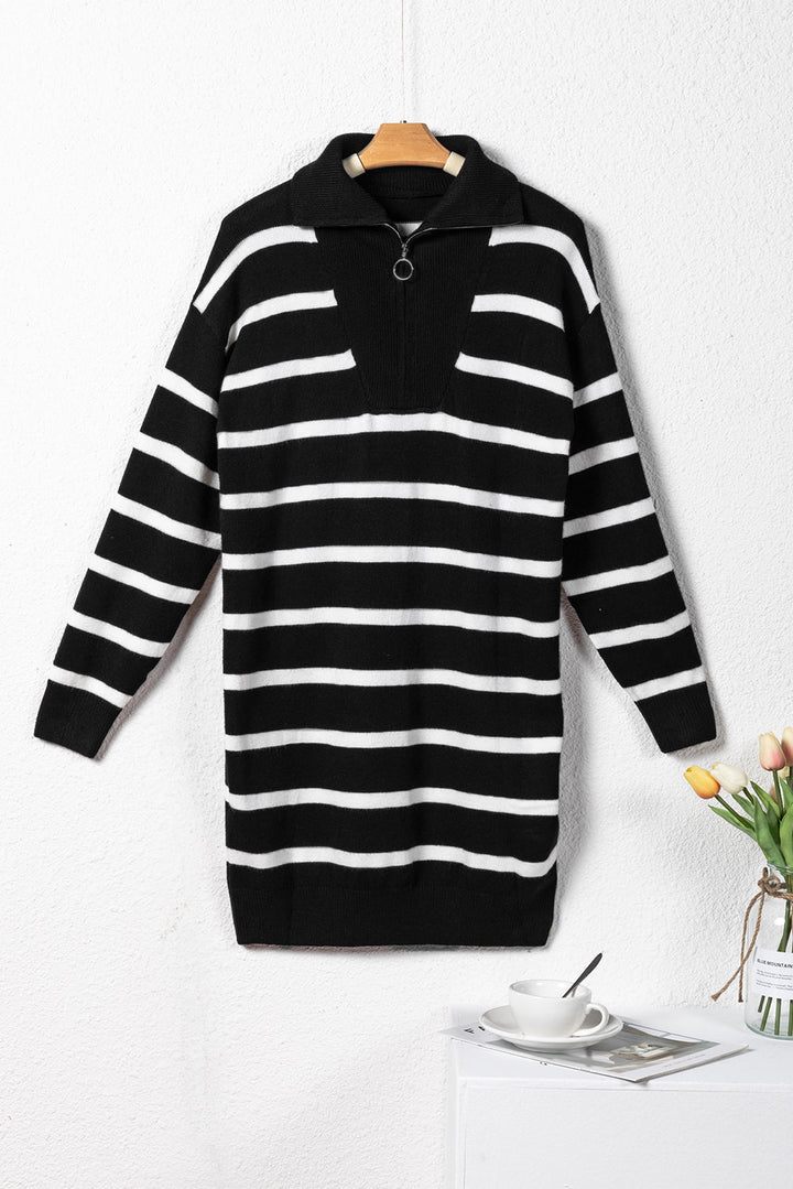 Iris Striped Zip Collared Loose Sweater Mini Dress