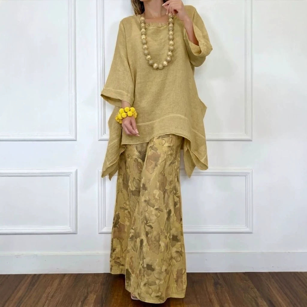 Cotton-Linen Irregular Hem Drop-Shoulder Top &amp; Wide-Leg Pants Set | 3 Colors