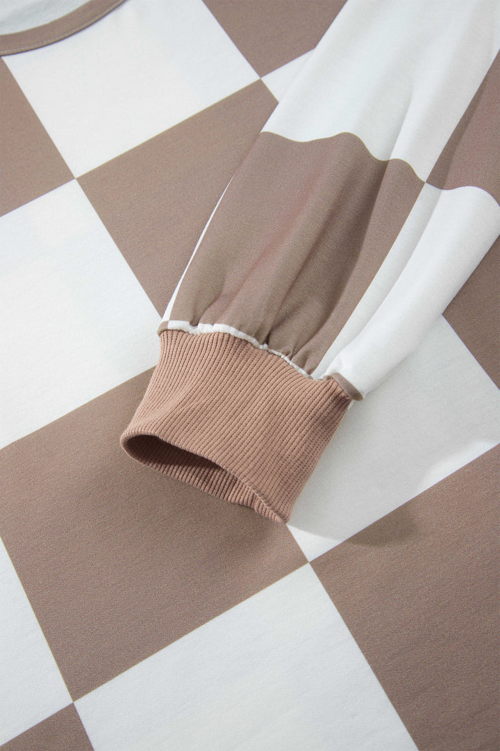Khaki Checkerboard Plaid Long Sleeve Solid Color Shorts 2pcs Set