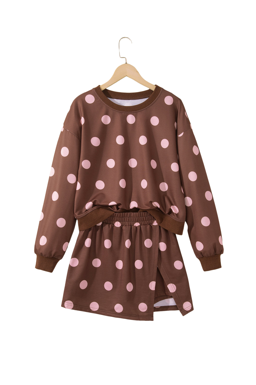 Brown Polka Dot Two Piece Set Long Sleeve Casual Skirt Set
