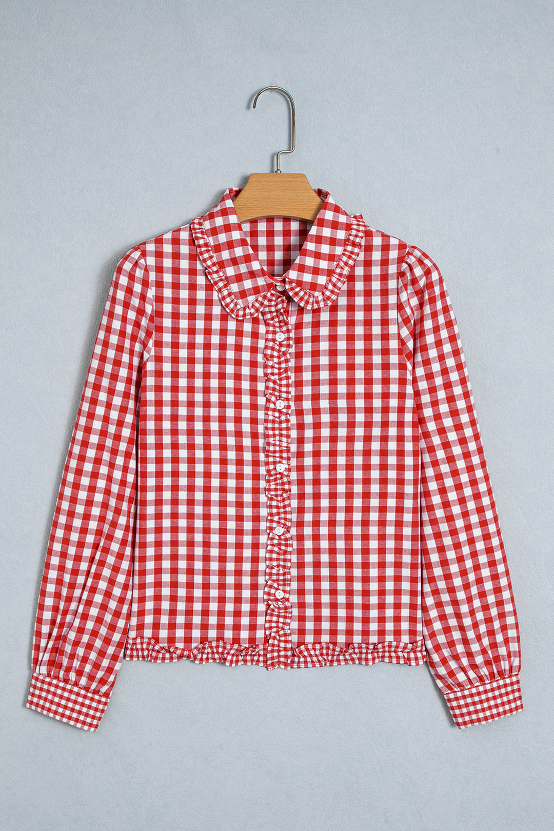 Red Plaid Long Sleeve Button Down Frill Detail Casual Shirt