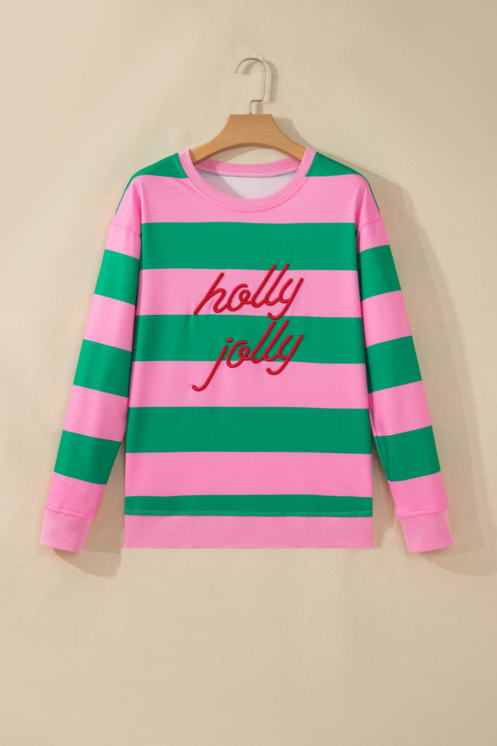 Green Stripe holly jolly Letter Embroidered Pullover Sweatshirt
