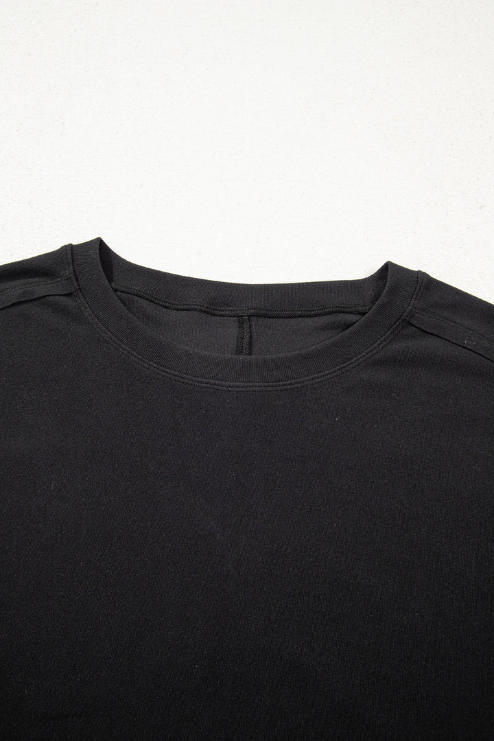 Black Solid Color Bow Textured Patchwork Long Sleeve Tee