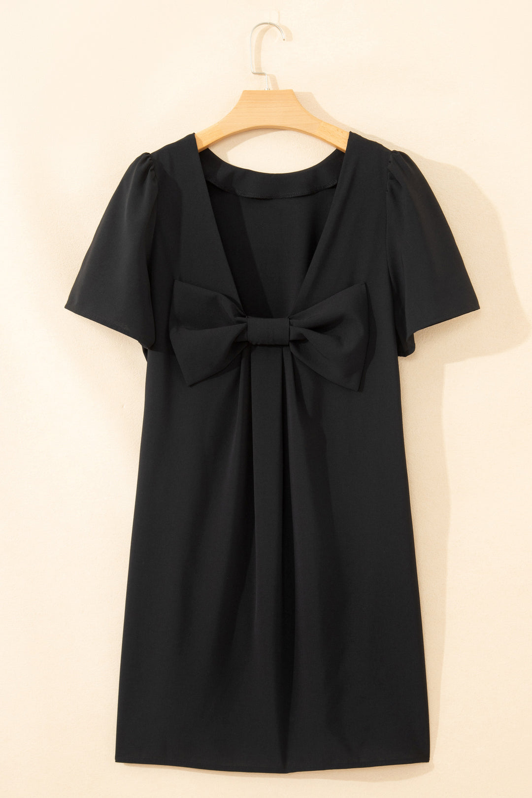 Black Bow Decor Backless Short Sleeve Shift Mini Dress