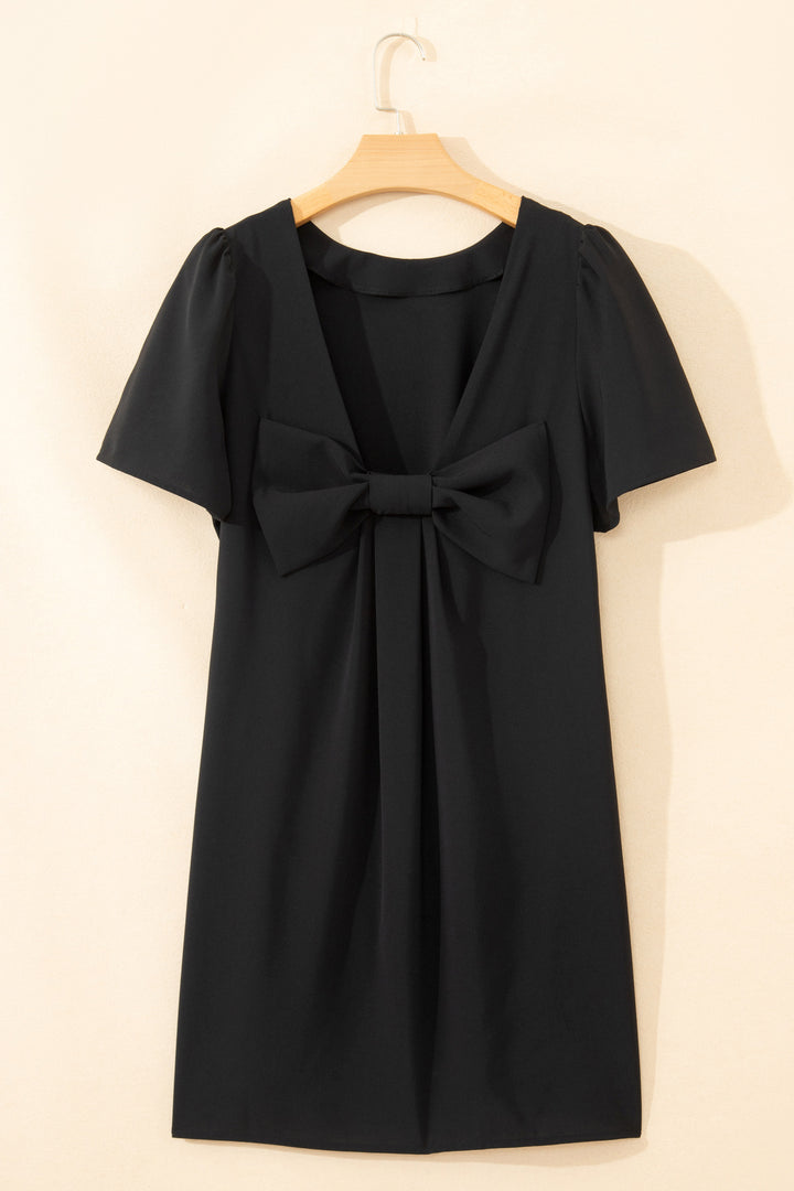 Black Bow Decor Backless Short Sleeve Shift Mini Dress