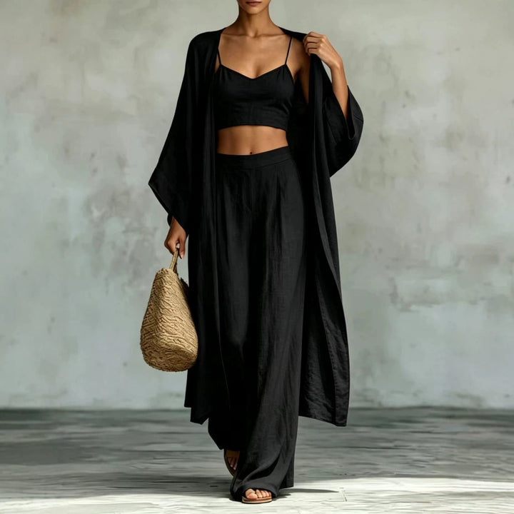 Loose Cardigan &amp; Strap Top High Waist Wide Leg Pants Set – 3-Piece