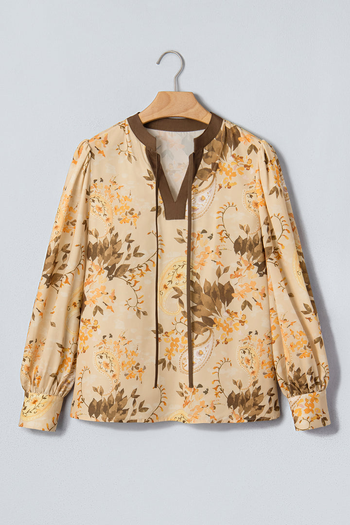 Khaki Paisley Print Tie Neck Long Sleeve Blouse