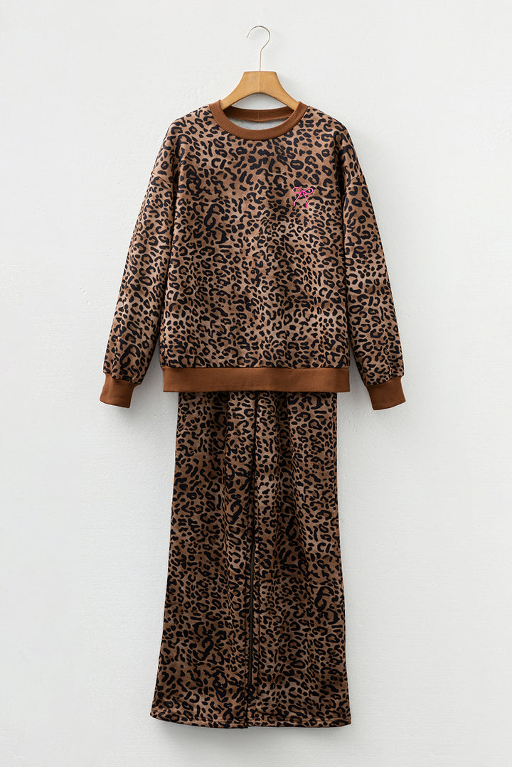 Coffee Leopard Print Contrast Trim Long Sleeve Top and Pants Set