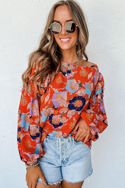 Fiery Red Floral Print Ruffle Puff Sleeve Blouse