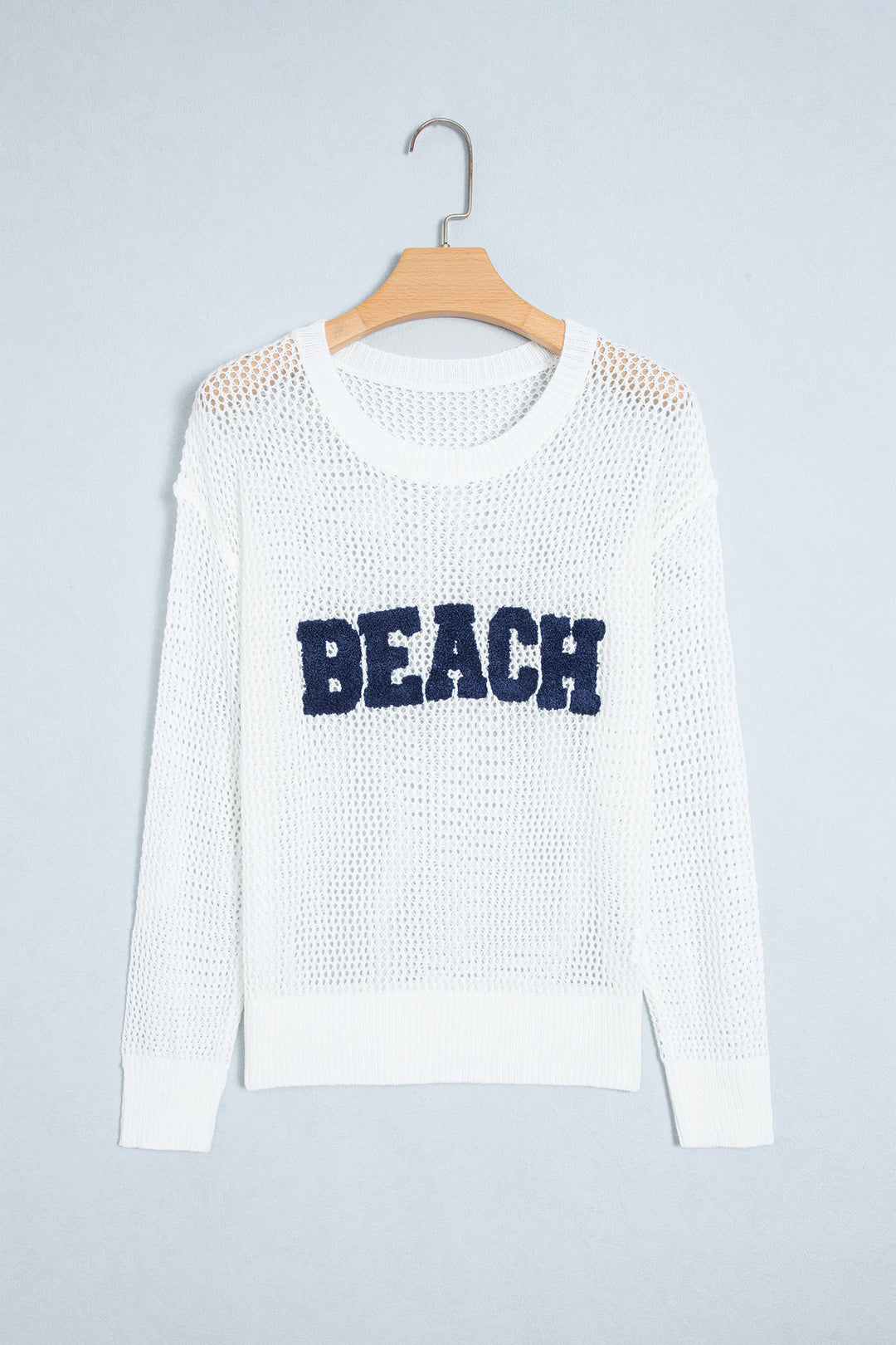 White Chenille BEACH Lettering Hollow Out Knit Casual Sweater