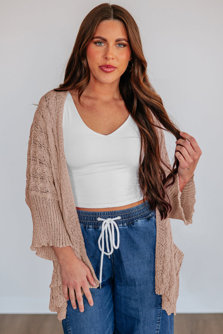 Old Rose Hollowed Pattern Knit Drop Shoulder Open Sweater Cardigan