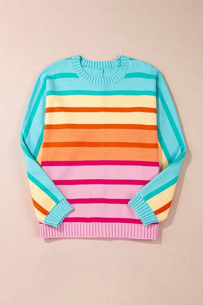 Yellow Stripe Gradient Striped Ribbed Edge Loose Sweater