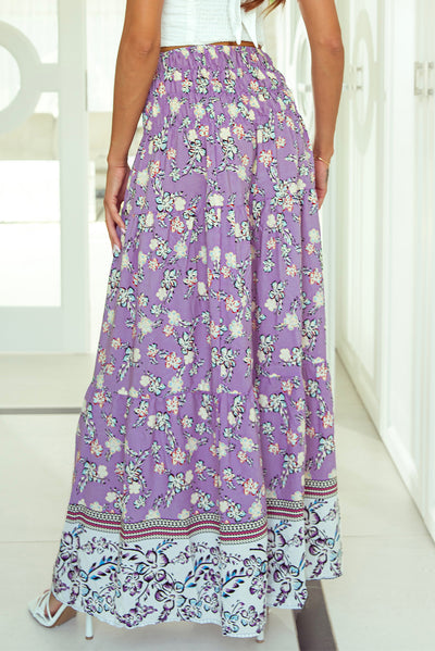 Purple Floral Print Shirred High Waist Maxi Skirt