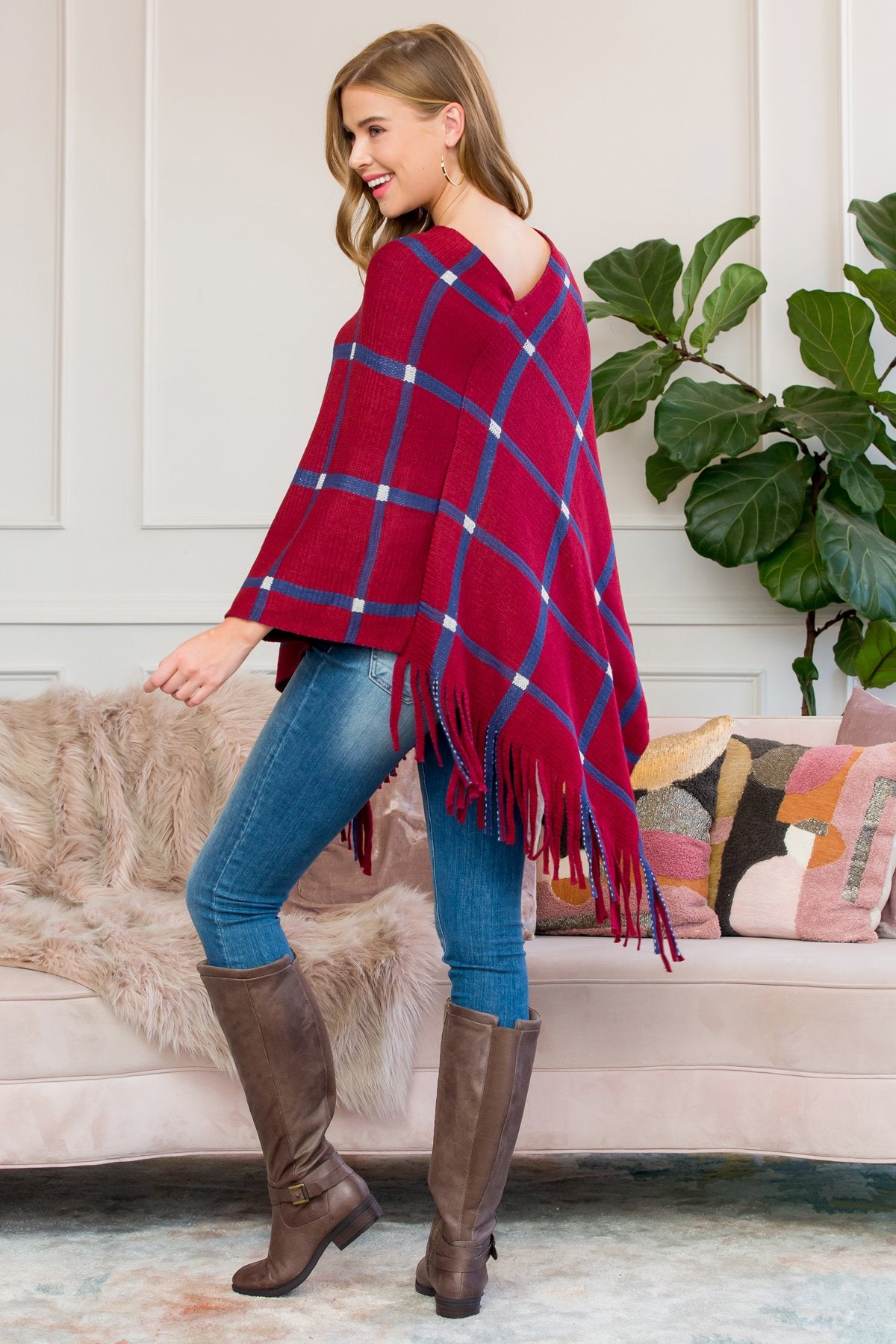 Hdf3010bu - Burgundy Grid Lines Fringed Poncho