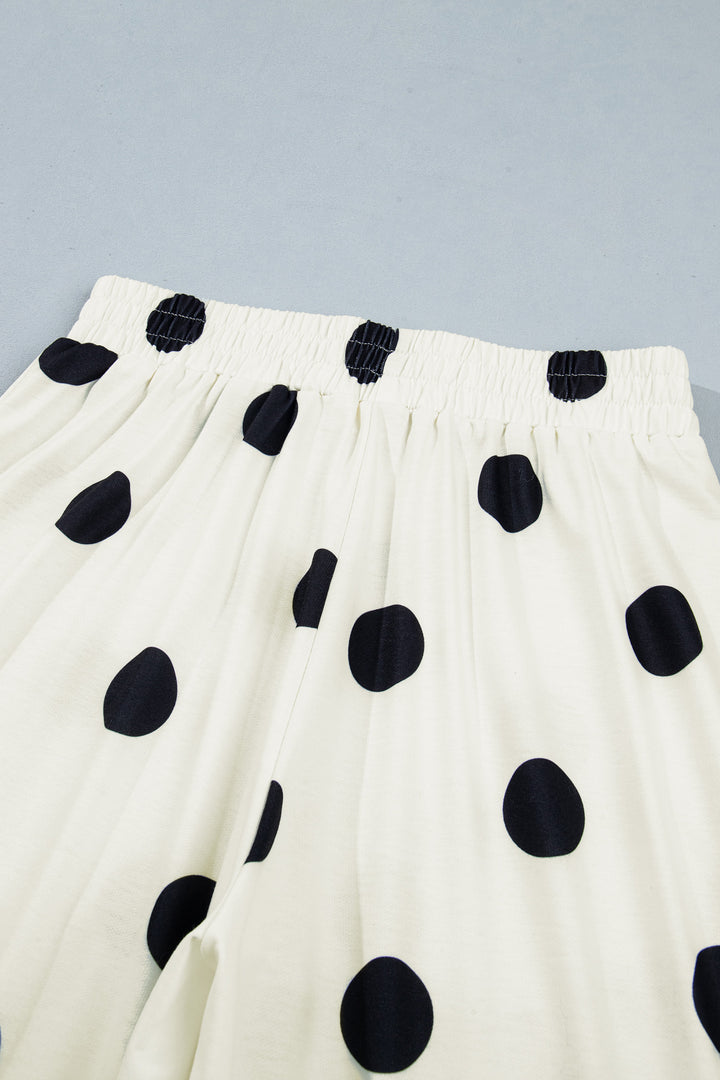 Beige Polka Dot Wide Leg Elastic Waist Casual Pants