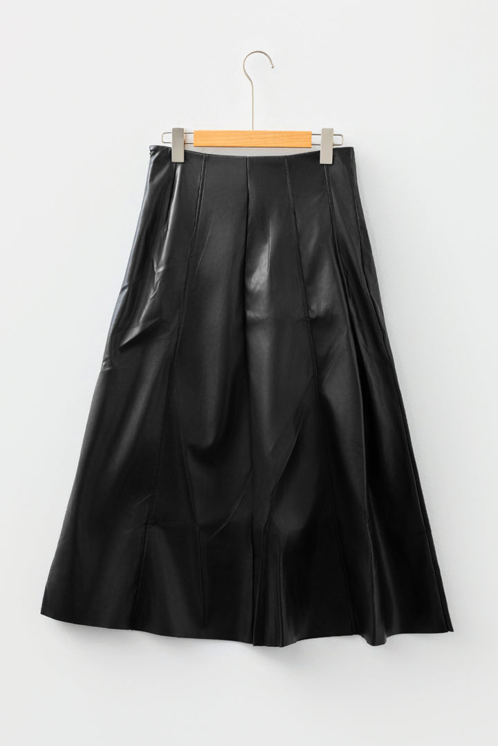 Black Faux Leather Retro Buckle Detail Pleated Stitch Flared Midi Skirt