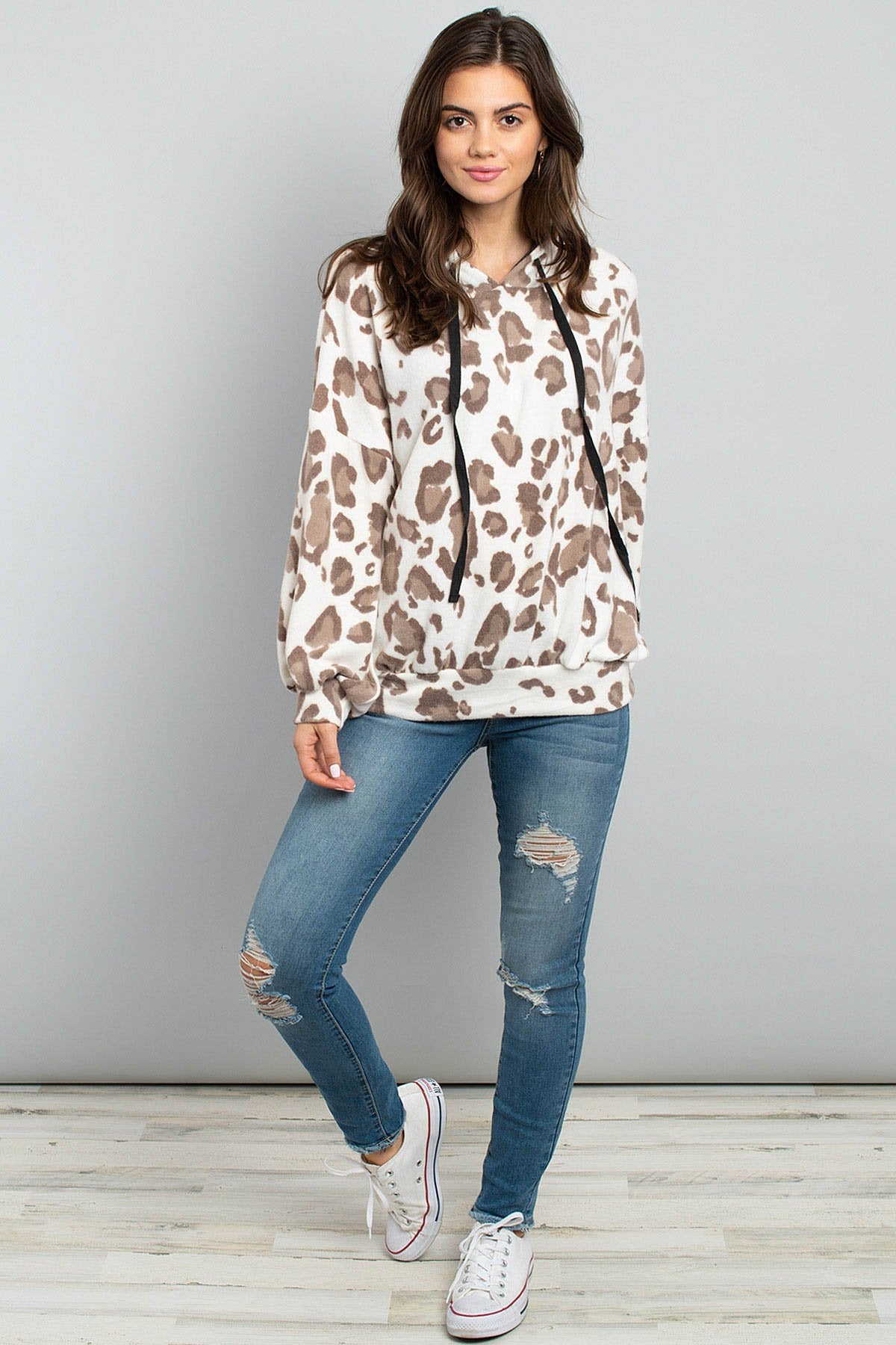 Leopard Brushed Hacci Puff Sleeved Hoodie With Drawstrings