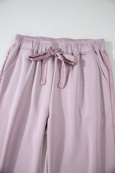 Orchid Petal Drawstring Waist Satin Stripe Patch Straight Leg High Waist Pants