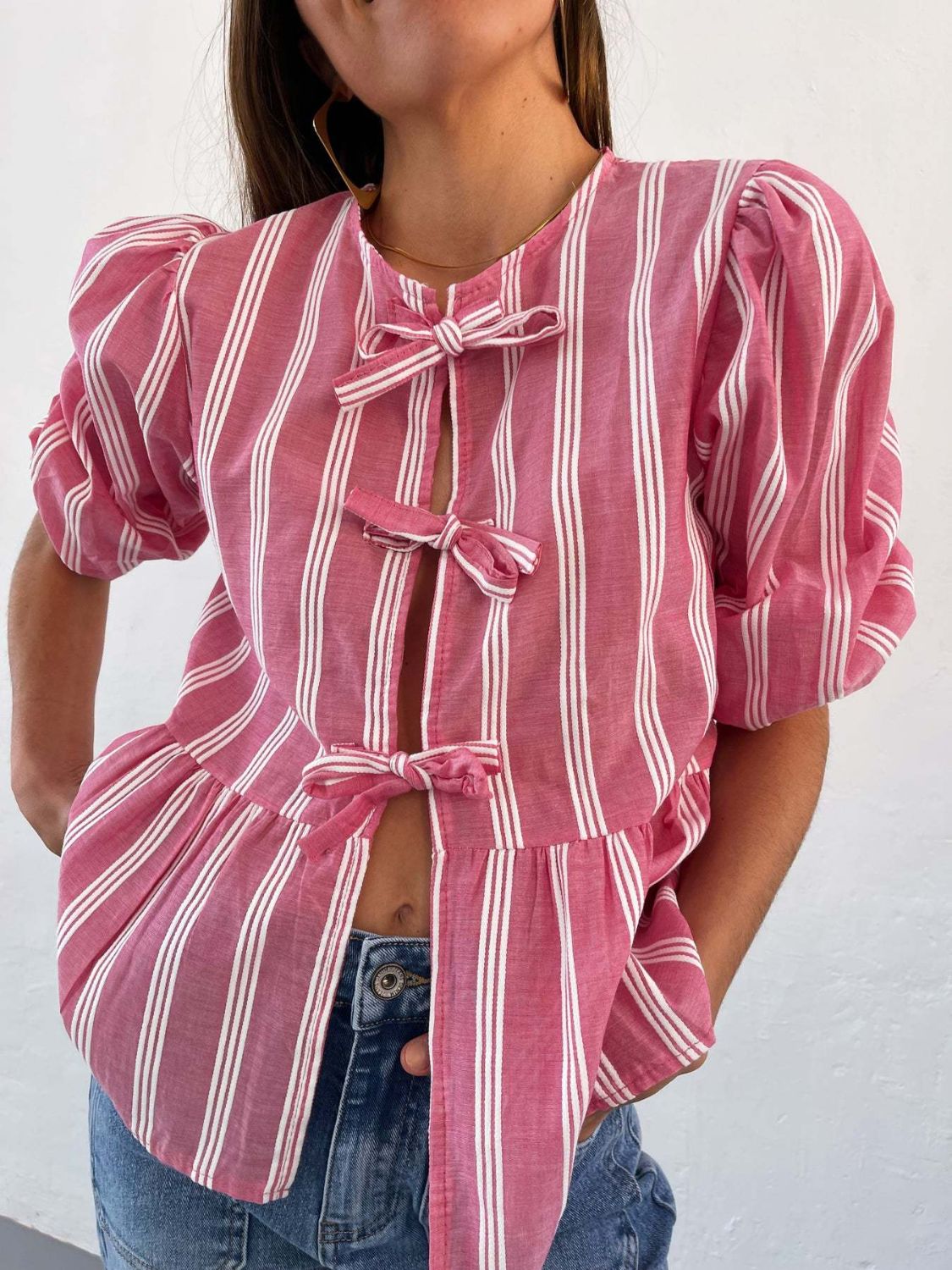 Tied Round Neck Balloon Sleeve Shirt