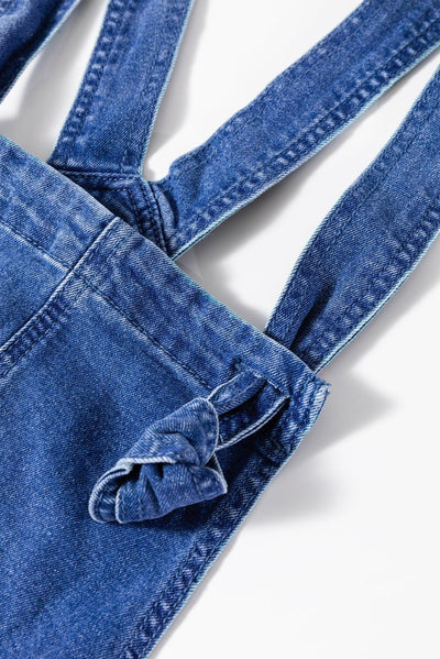 Prussian Blue Mineral Wash Knotted Strap Patched Pocket Wide Leg Denim Overalls