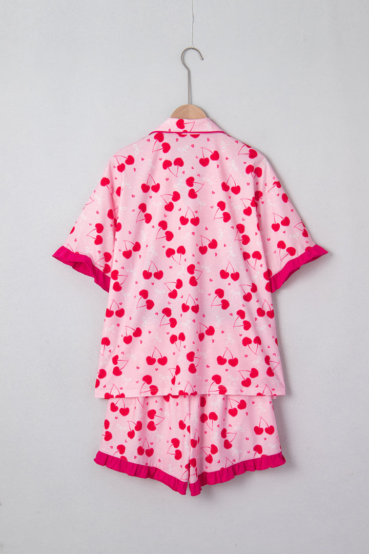 Rose Cherry Bow Mixed Print Scalloped Edge Short Pajama Set
