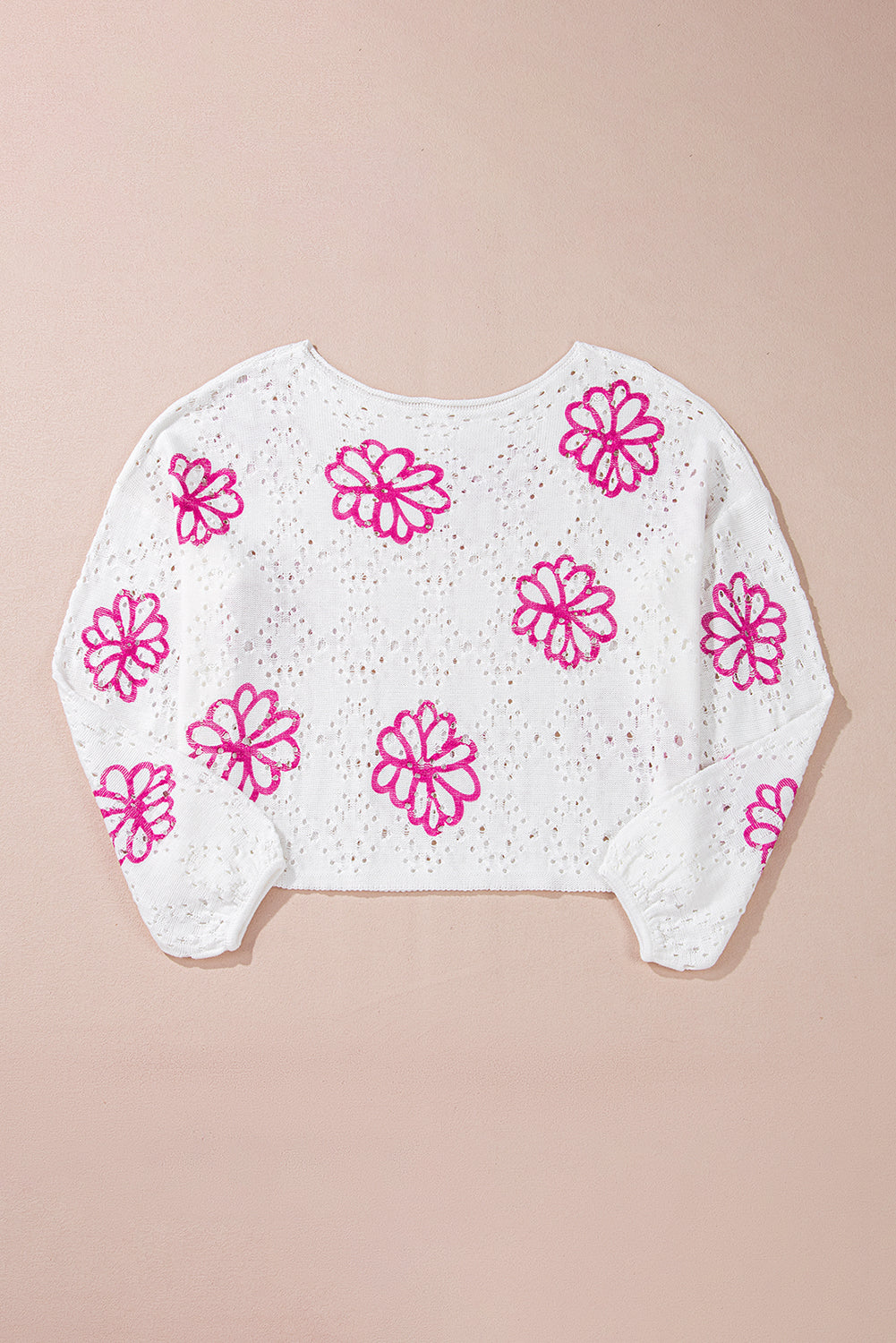 White Contrast Flower Print Eyelet Drop Shoulder Sweater