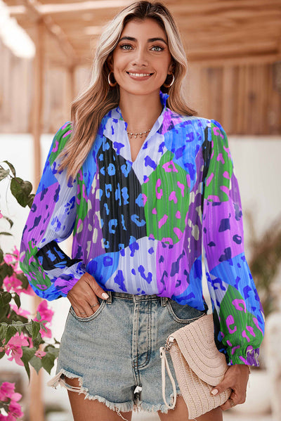 Sky Blue Leopard Patchwork Print Pleated Blouse