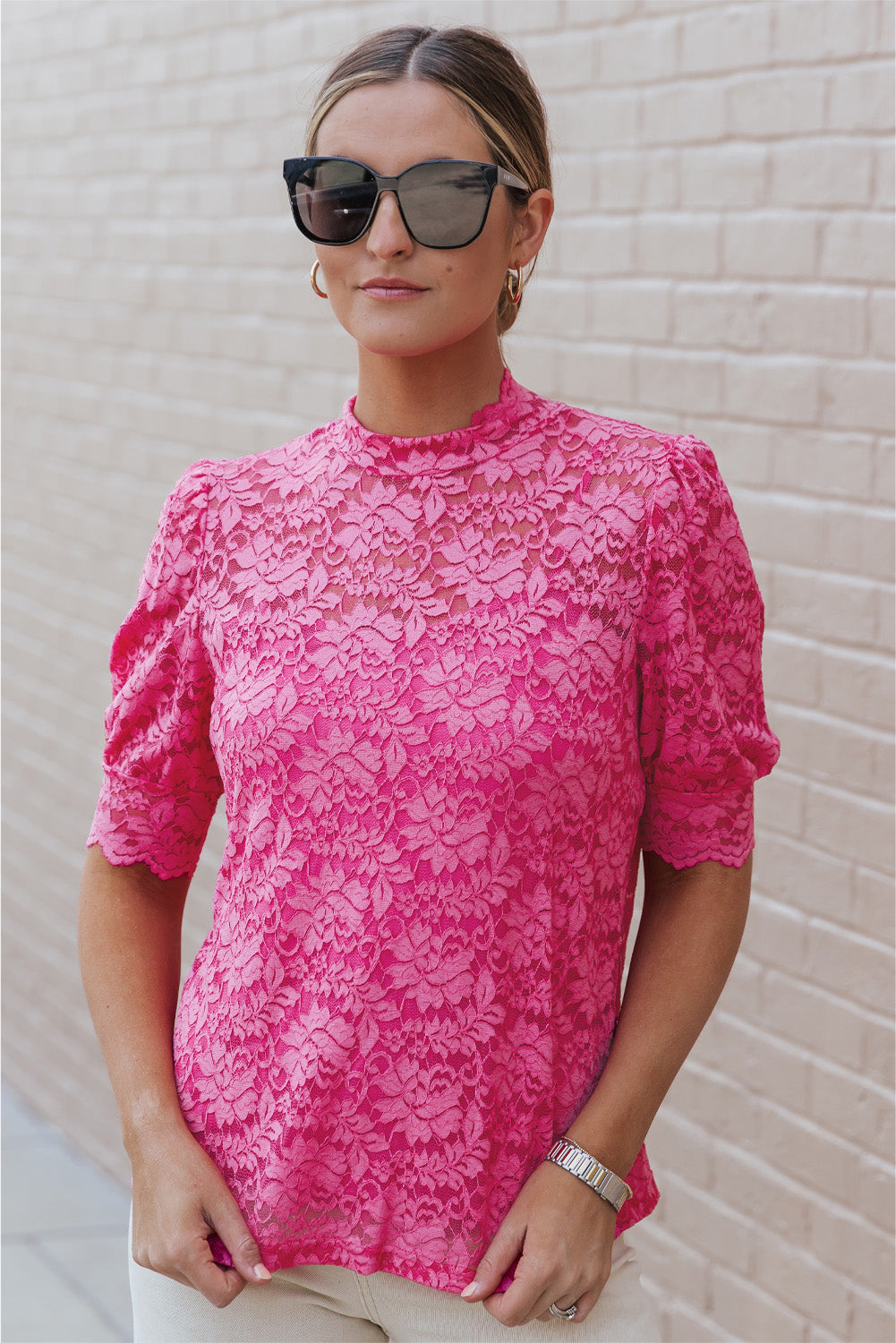 Pink High Neck Lace Short Sleeve Top