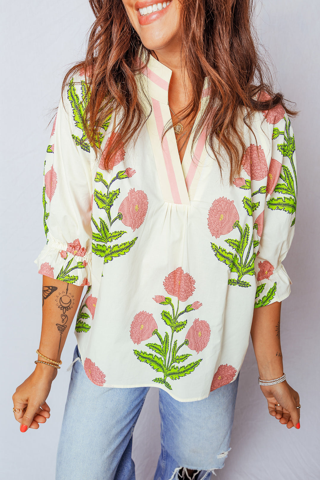 Casual Wild Flower Print V Neck 3/4 Sleeve Blouse