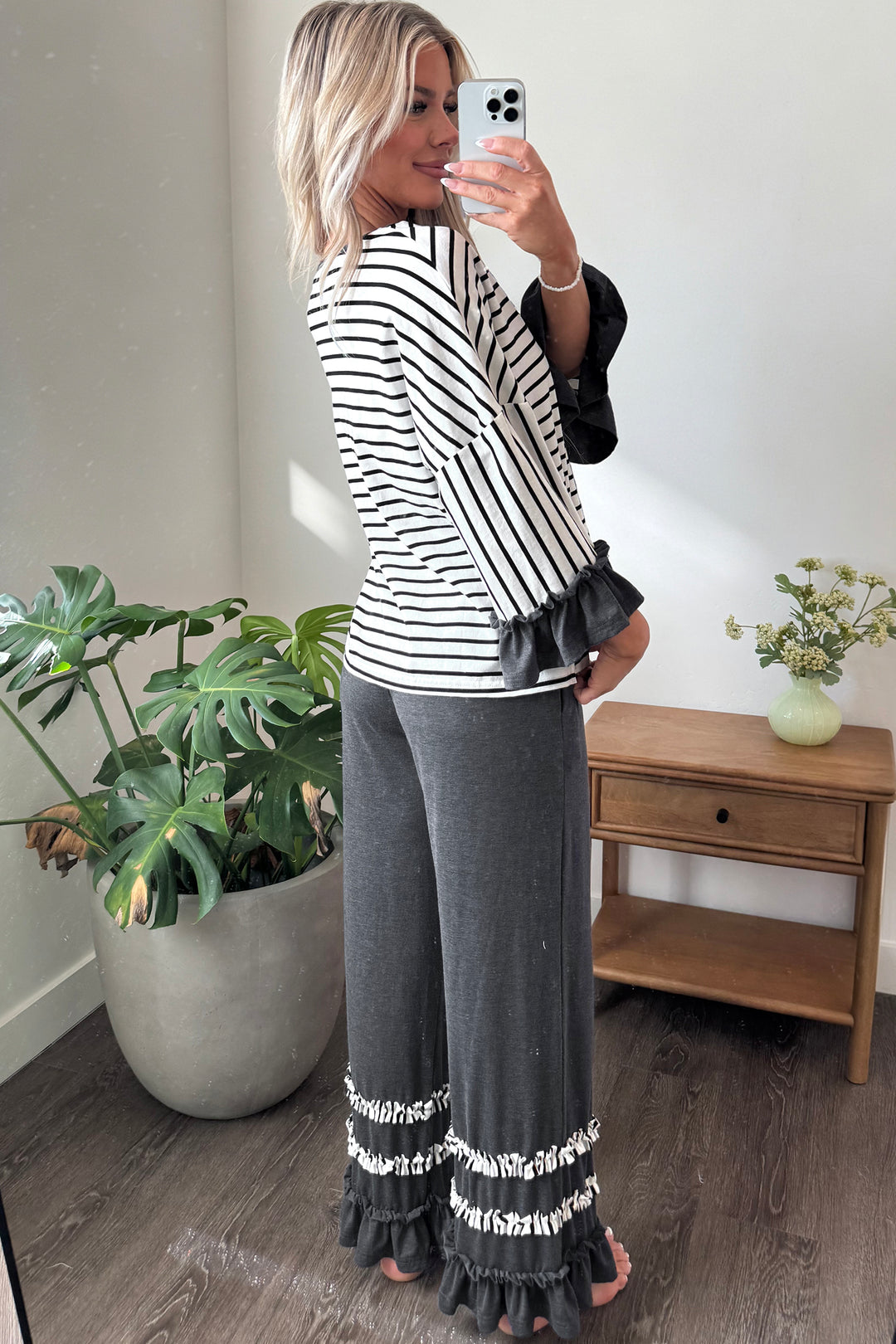 Gray Stripe V Neck Ruffle Contrast Sleeve Top Drawstring Pants 2pcs Set