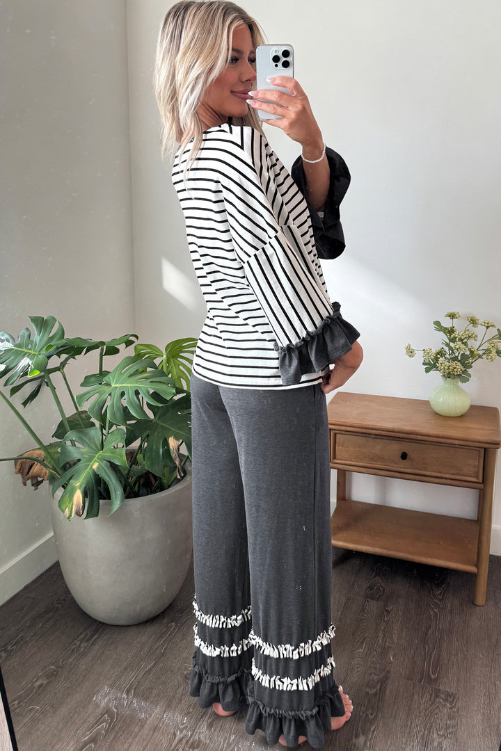 Gray Stripe V Neck Ruffle Contrast Sleeve Top Drawstring Pants 2pcs Set
