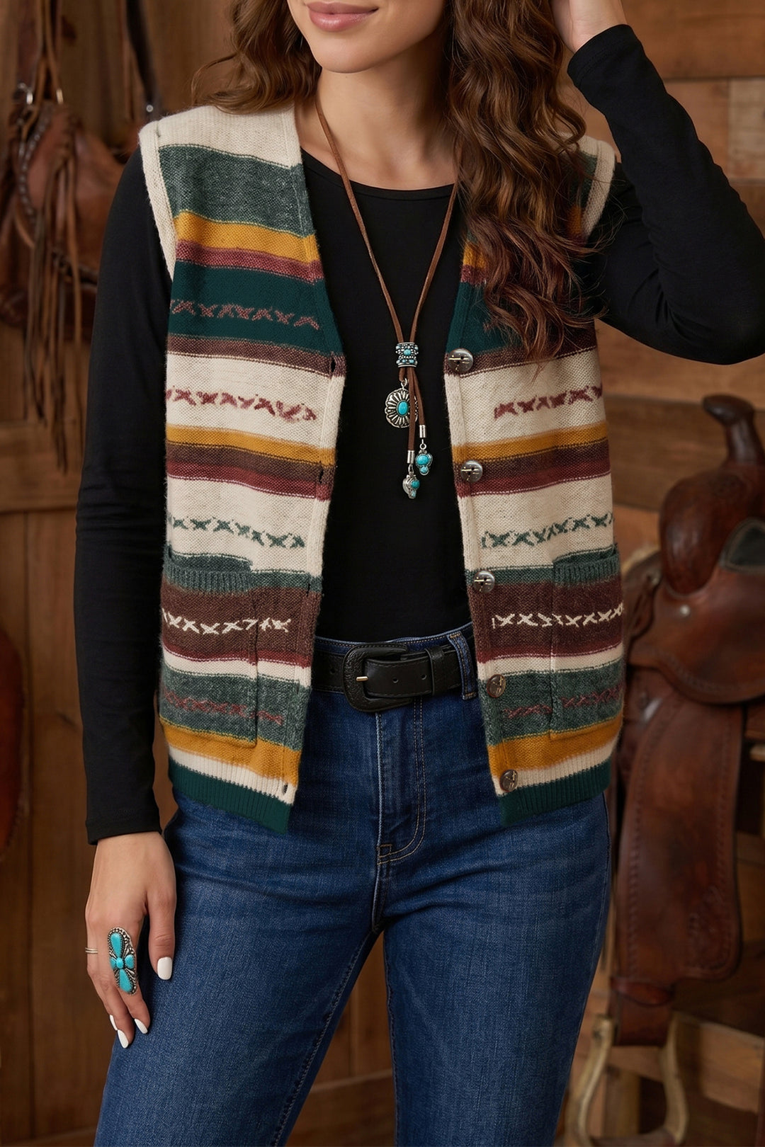Multicolour Striped Button Front Sleeveless Knit Regular Fit Sweater Vest