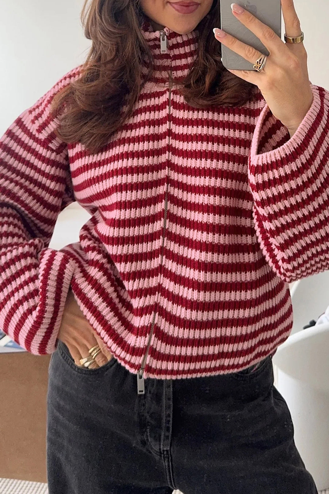 Red Stripe Striped High Neck Zip-up Sweater Long Sleeve Casual Fit Drop Shoulder Open Front Cardigan