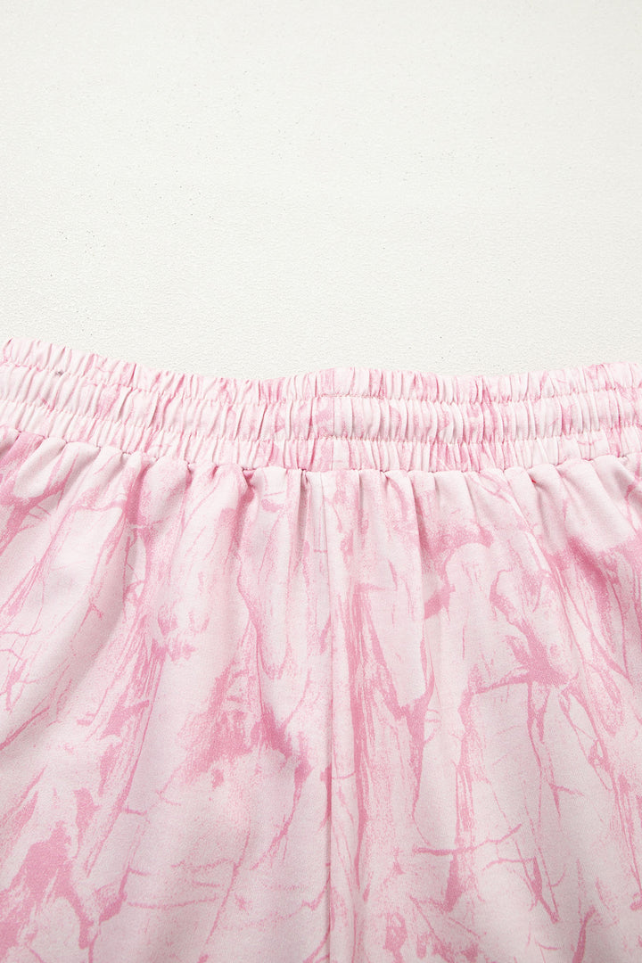 Pink Abstract Print V Neck Loose Tee Drawstring Shorts 2pcs Outfit