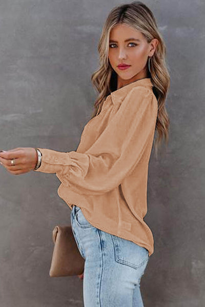 Khaki Solid Button-up Loose Long Sleeve Shirt