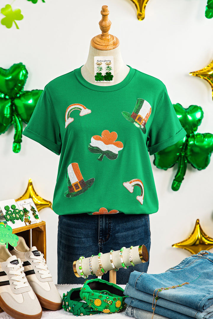Bright Green St Patricks Day Elements Sequin Graphic Tee