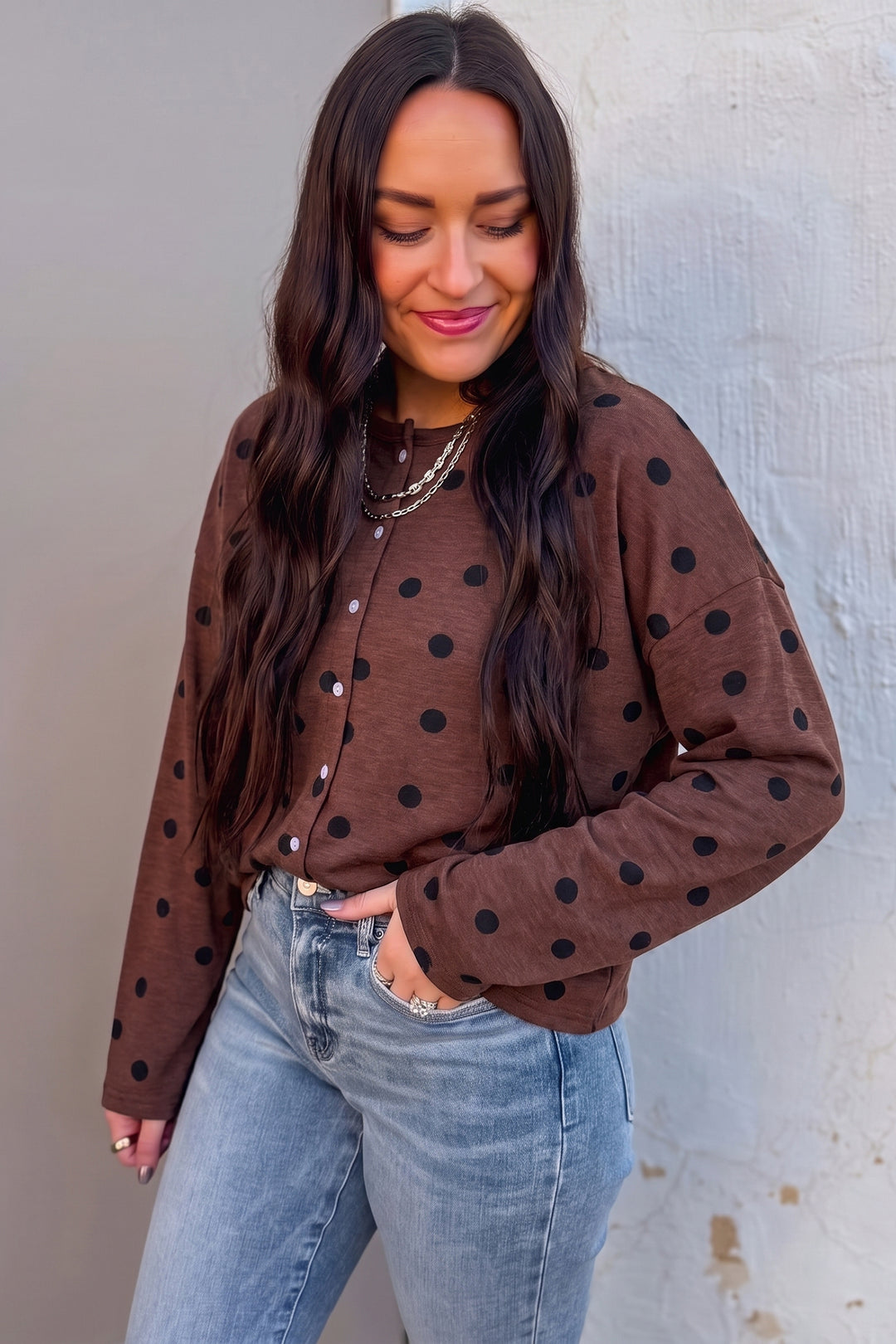 Brown Polka Dot Button Front Long Sleeve Casual Shirt