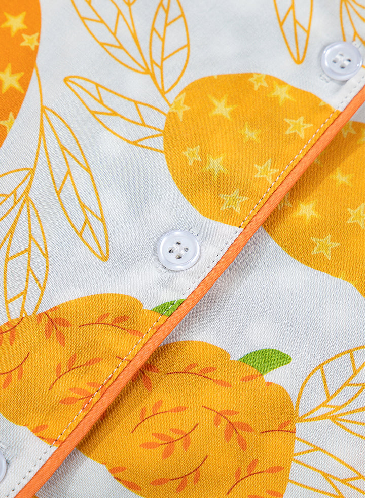Orange Short Sleeve Pumpkin Print Polka Dot Trim Pocket Pocket Placket Home Wear Lounge Set