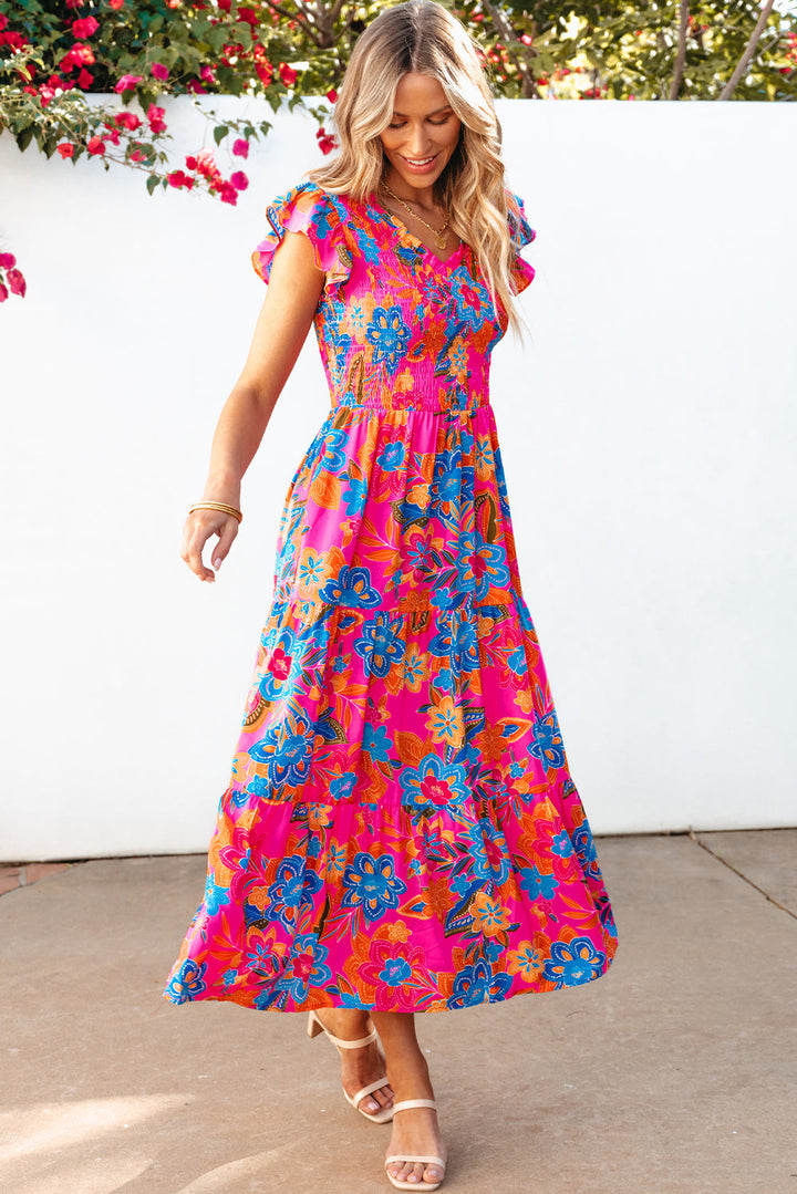 Kamari Boho Floral V Neck Ruffle Tiered Long Dress